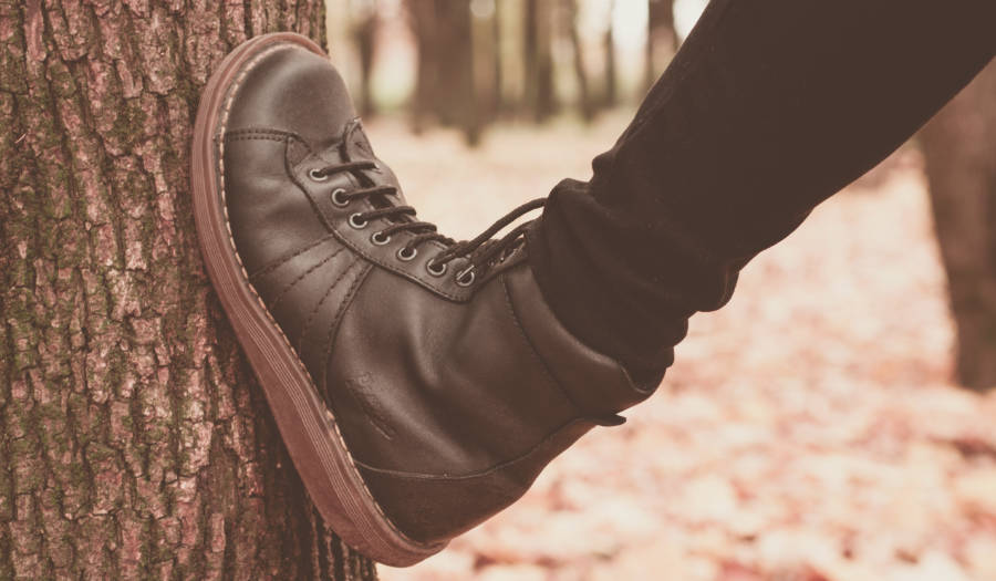 Stretching a pair of boots against a tree