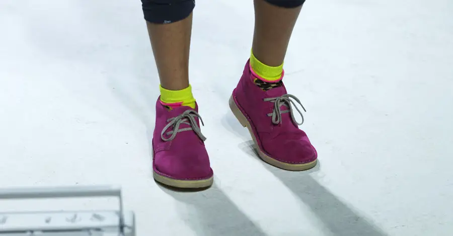 View of a Clarks shoes being wear on a runway
